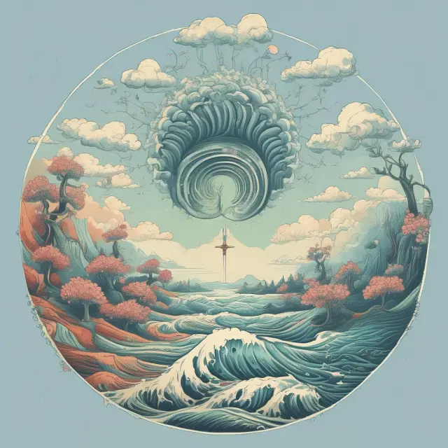 An illustration of the four components of a Kondratieff Wave: innovation (spring), productivity (blooming), inflation (wave), and prosperity (river) interacting within a cycle.