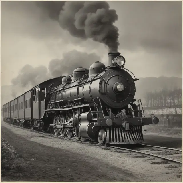 A vibrant spring scene with steam engines and iron blooming, symbolizing the start of a long-term economic cycle