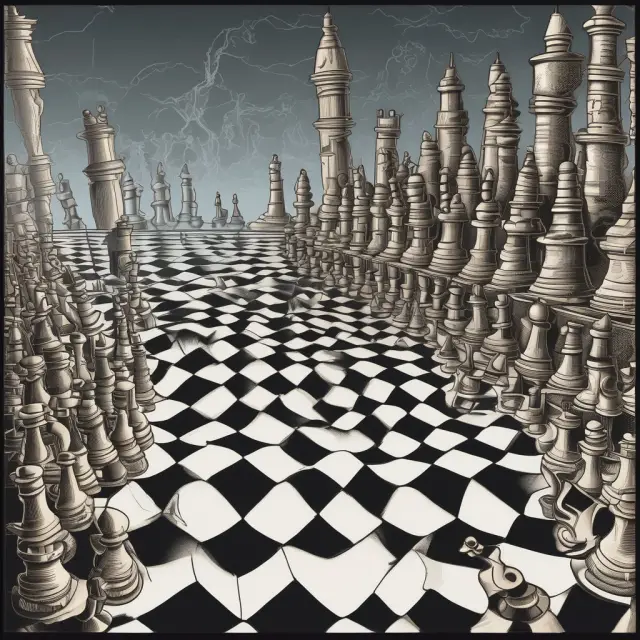 A chessboard with waves symbolizing Kondratieff Waves, where pawns represent technological advancements.