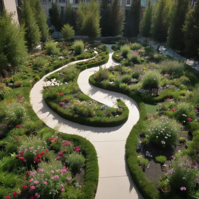A beautiful garden featuring various technological innovations growing in cycles, symbolizing the Kondratieff wave economic theory