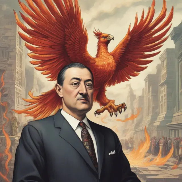 Schumpeter and a mythical phoenix symbolizing technological innovations that fuel Kondratiev economic cycles