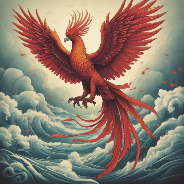 Schumpeter (phoenix) emerging from economic data waves, symbolizing Kondratiev Waves in financial forecasting