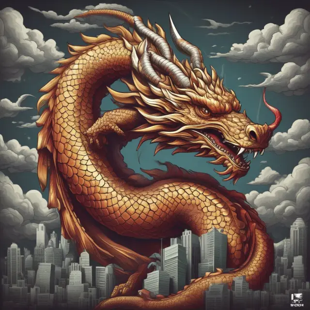 A mythical Korean dragon breathes prosperity, symbolizing the South Korean economy, while ETFs serve as its shimmering scales, illustrating diversification and access to this dynamic market