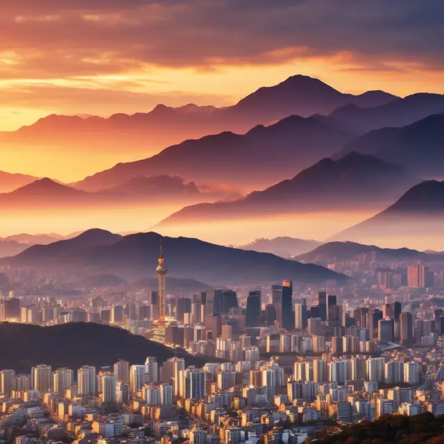 A golden sun rises over a modern cityscape and mountains, representing South Korea