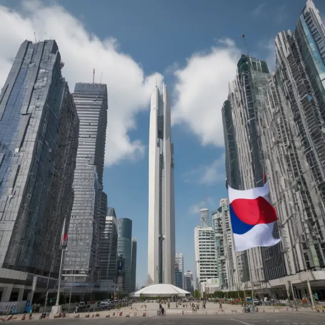 Four Korean corporations (Samsung Electronics, Hyundai Motor, SK Hynix, and Shinhan Bank) forming a mosaic Korean flag, symbolizing their significance as major components of the KOSPI 200