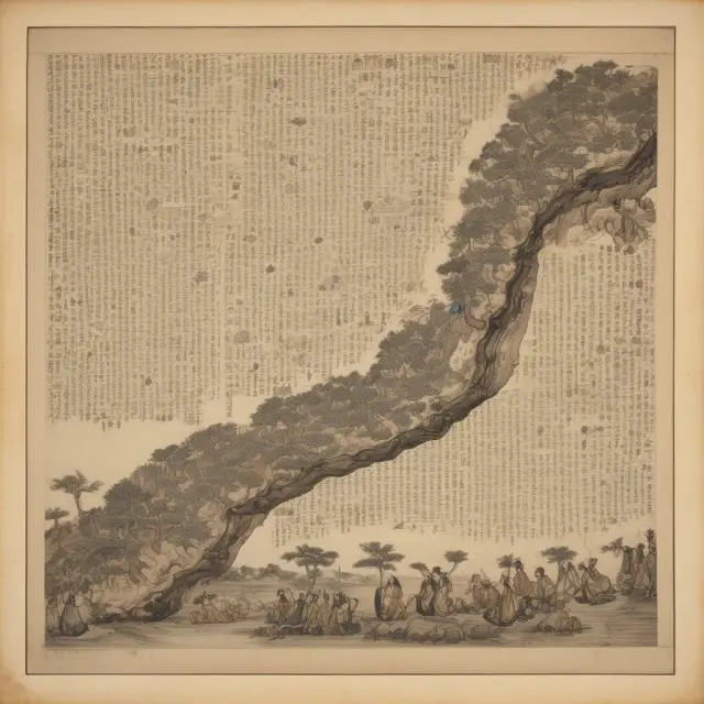An ancient scroll depicting the journey of the Korean Composite Stock Price Indexes (KOSPI), including the KOSPI 200, illustrating their growth and transformation