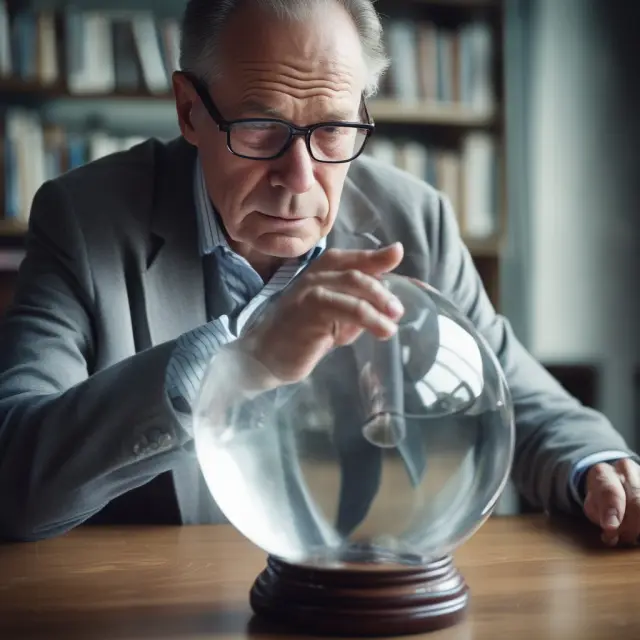 An institutional investor studying a crystal ball filled with glowing KPIs, considering potential investment opportunities.