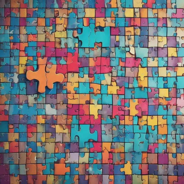 An array of variously shaped financial metric puzzle pieces forming a comprehensive, interconnected mosaic representing KPIs for financial analysis