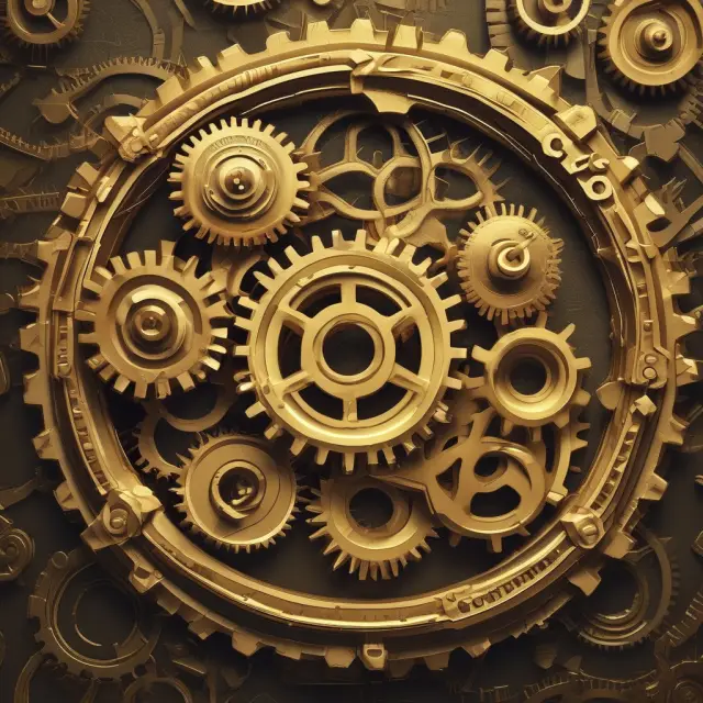 Golden efficiency scale with interlocked gears symbolizing aligned financial process performance metrics