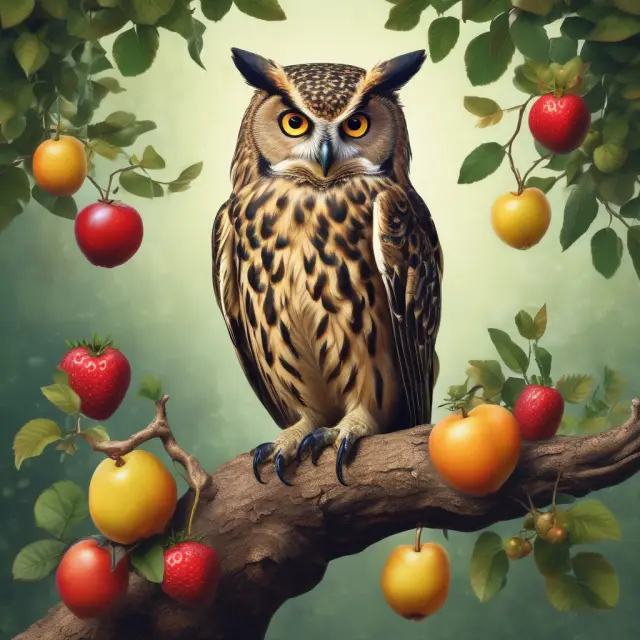 A wise owl meticulously selecting fruits from a tree branch, representing the thoughtful process of choosing key performance indicators (KPIs) for business goals