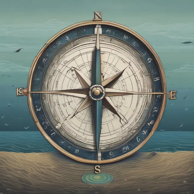 An investor sailing through a stormy sea, guided by two compasses representing K-ratios, revealing steady equities