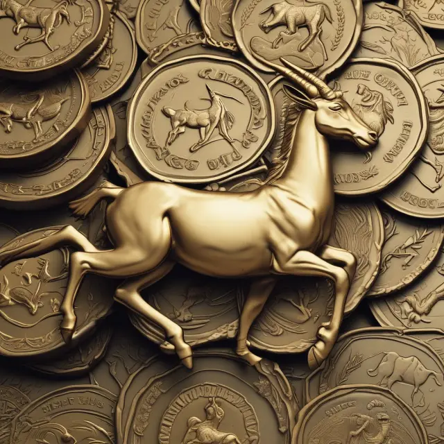 A golden springbok antelope leaping on a collection of South African Krugerrands, reflecting their historic significance and gold content