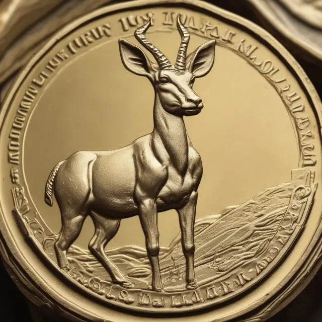 A springbok antelope standing atop stacked golden Krugerrands symbolizing the coin