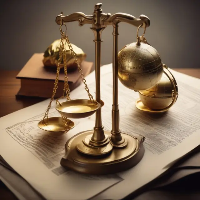 Image of golden scales with legal papers and a globe, representing Krugerrand investment regulations.