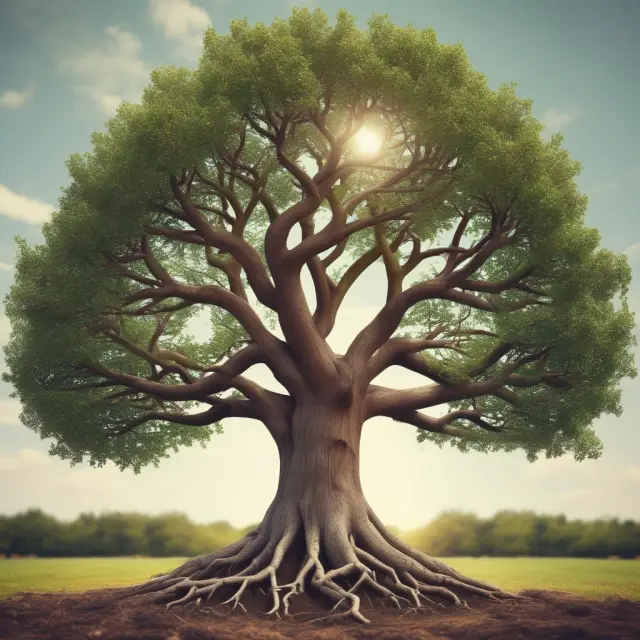 A growing tree symbolizing a KSOP, with intertwined roots representing ESOPs and a trunk resembling a 401(k), emphasizing the blend of stock ownership and traditional retirement savings.