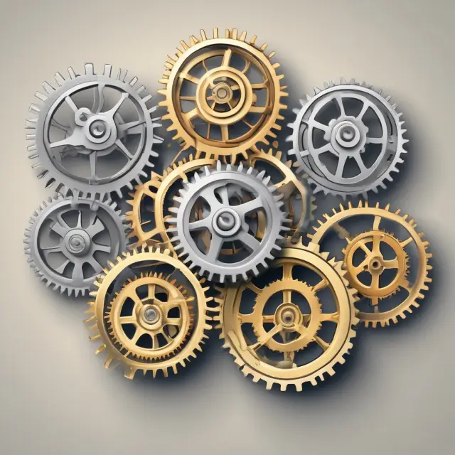 An intricate clockwork mechanism symbolizing retirement plans (ESOP, SEP IRA, SIMPLE IRA, and KSOP) as gears interlocking to ensure secure savings for different employment scenarios
