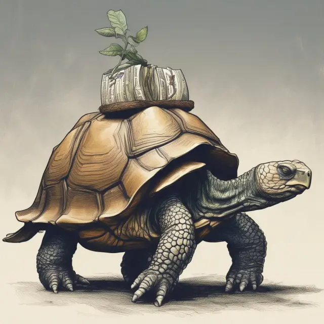 Image of a wise old tortoise carrying a backpack labeled 
