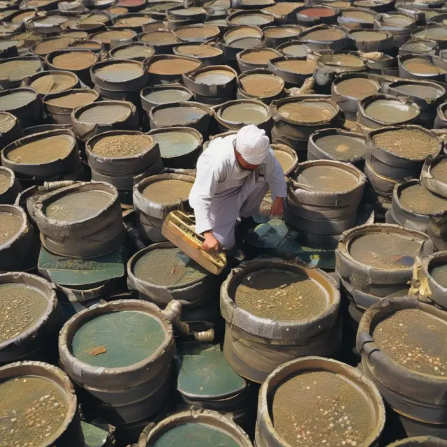 Pearl diver extracting Kuwaiti Dinars (KWD) from an underwater treasure chest filled with oil barrels, symbolizing the connection between its petroleum-based economy and high currency value.