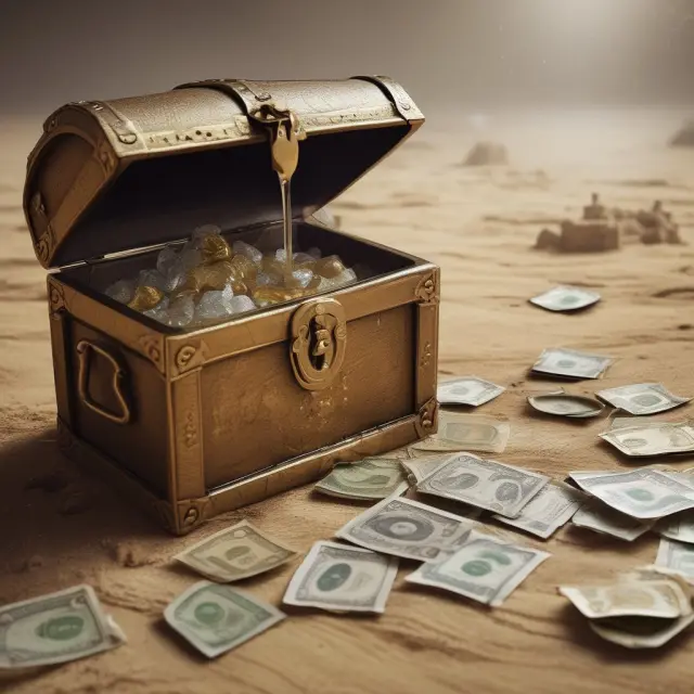 An oil geyser flowing into a treasured chest, symbolizing the economic significance of oil in Kuwait