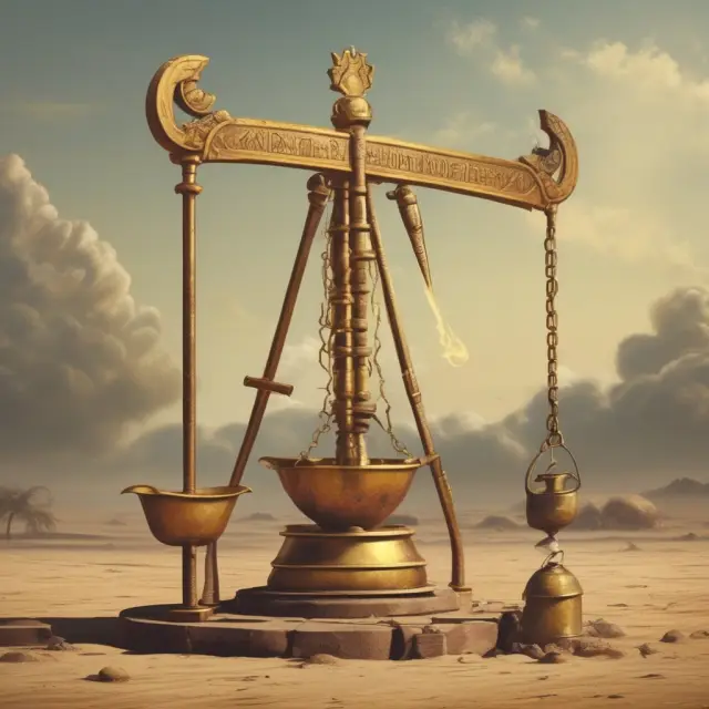 Golden oil well pouring wealth into a scale, Kuwaiti dinar stable on the other side