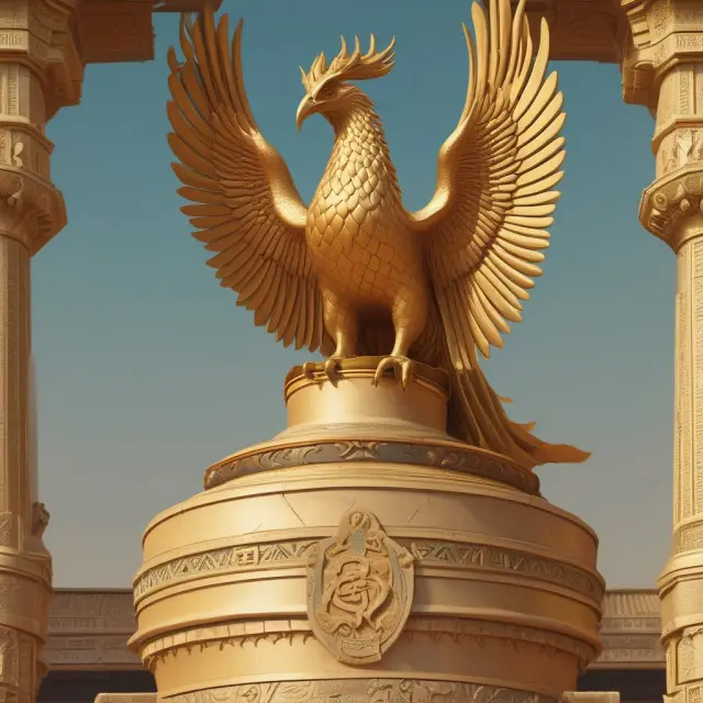 An ancient phoenix sits atop a golden investment portfolio, symbolizing the Kuwait Investment Authority