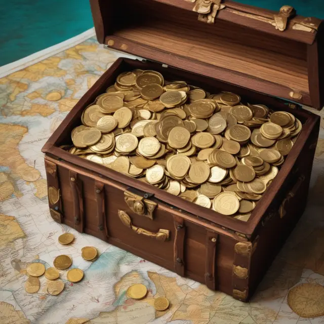 An image of a treasure chest overflowing with gold KYD coins and a map symbolizing additional resources for learning about the Cayman Islands dollar (KYD)