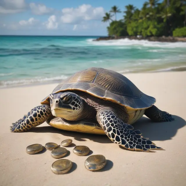 A sea turtle lays coins for her hatchlings in a nest symbolizing the Cayman Islands dollar (KYD) denominations: CI$1, CI$5, CI$10, and CI$25.
