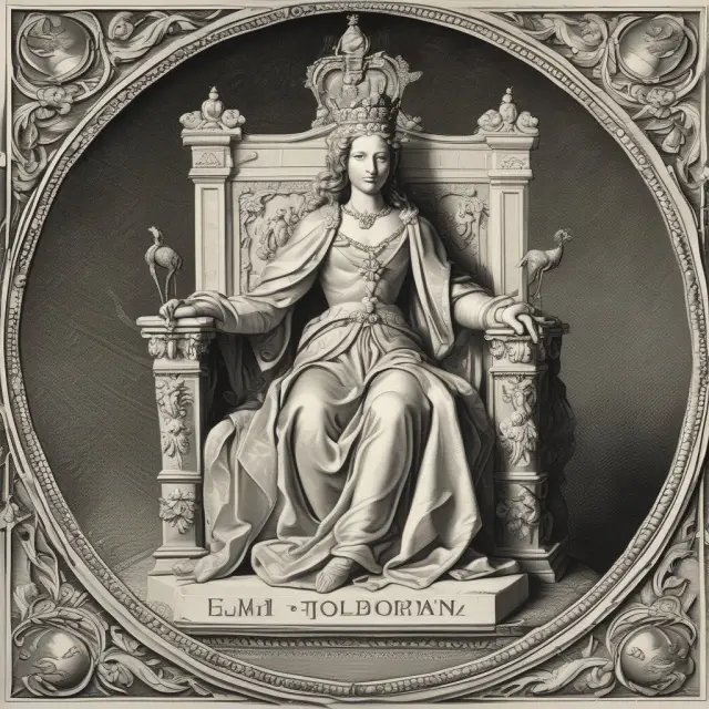 Image of a monarch seated on a throne holding both a Cayman Islands dollar and a US dollar coin, representing their exchange rate parity