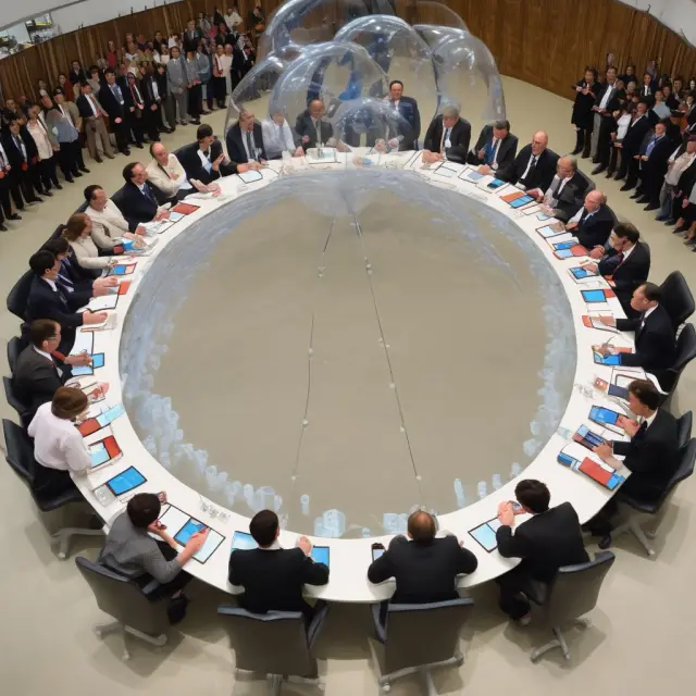 Developed nations discussing emission reduction targets at the Kyoto Protocol roundtable, with each represented by a giant CO2 bubble