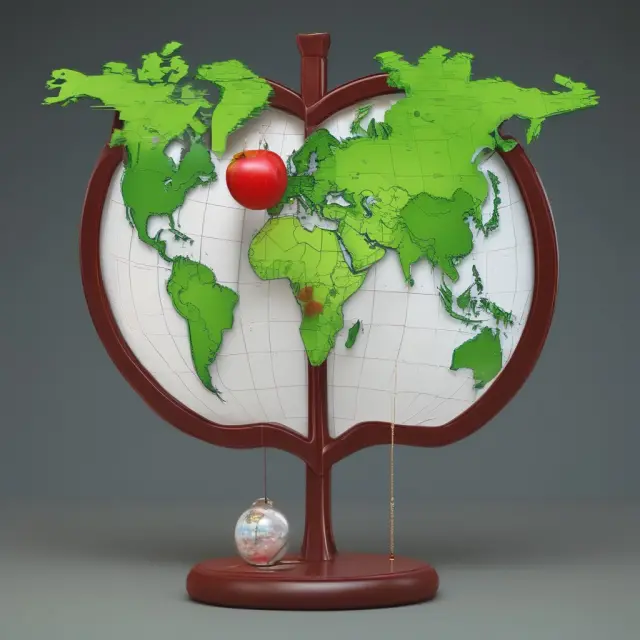Image of a pendulum swinging between a world map with green-labeled countries and the U.S. symbolized as a red apple on a tree