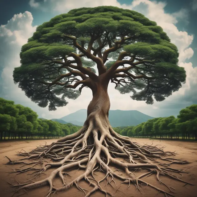 An image of a tree with roots representing countries intertwining, symbolizing the international cooperation in emissions reductions through the Kyoto Protocol.