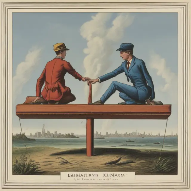 Two nations balancing on a seesaw represent the disparity between developed and developing countries, illustrating the debate over fairness in global warming efforts