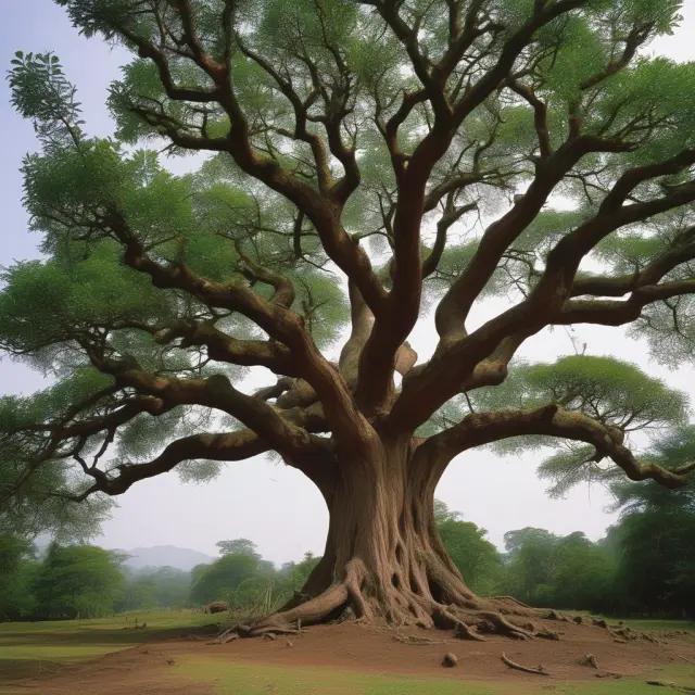 An image of a towering tree symbolizing the Kyoto Protocol, with developed and developing countries contributing to the reduction of CO2 emissions from the tree