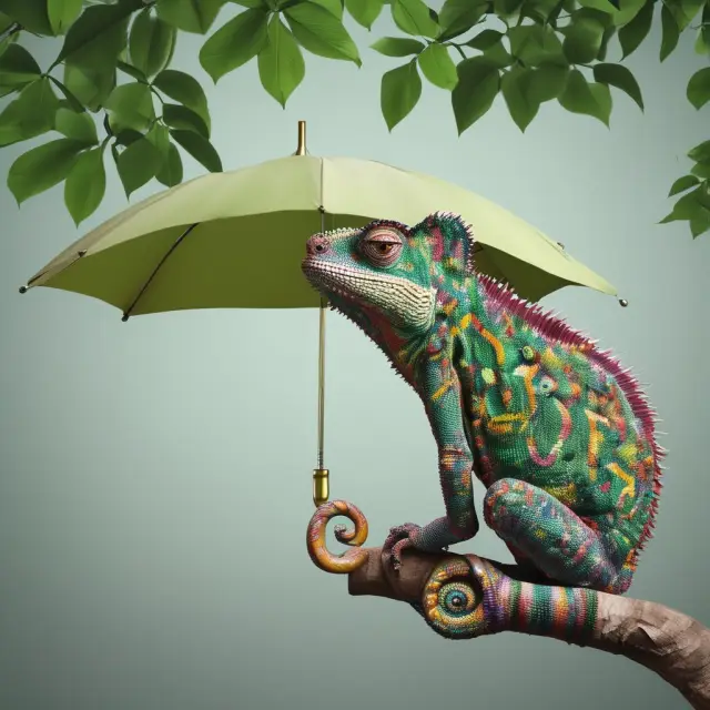 Visualizing a chameleon metamorphosing based on stock market fluctuations, while an L-shaped umbrella stands nearby, signifying the flexibility of L Share Variable Annunities.