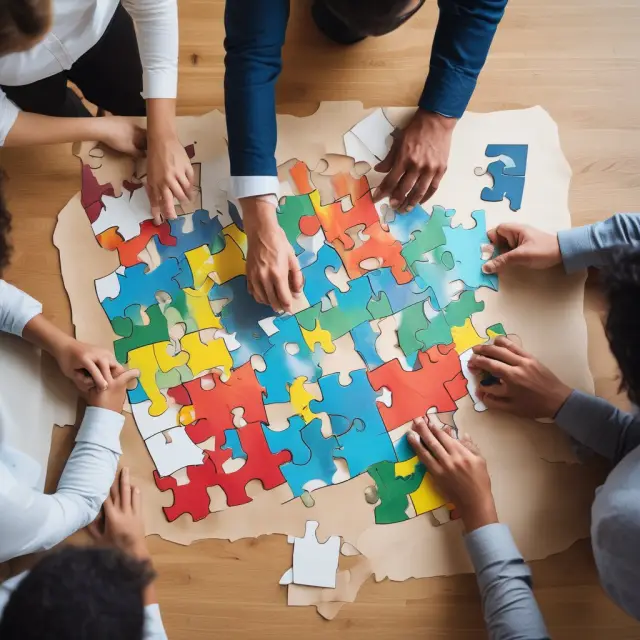 Workers of varying ages piecing together economic graphs, representing the interplay of factors influencing labor supply and demand