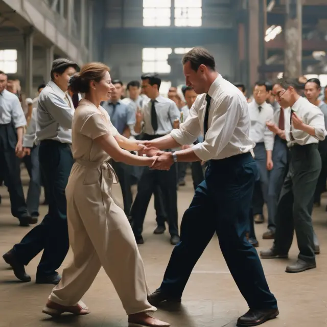 Two dancers representing workers and employers engaging in a balanced, rhythmic dance with regulations forming the backdrop