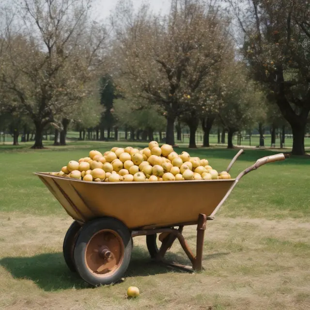 A wheelbarrow overflowing with golden apples symbolizes labor productivity calculation as real output per labor hour