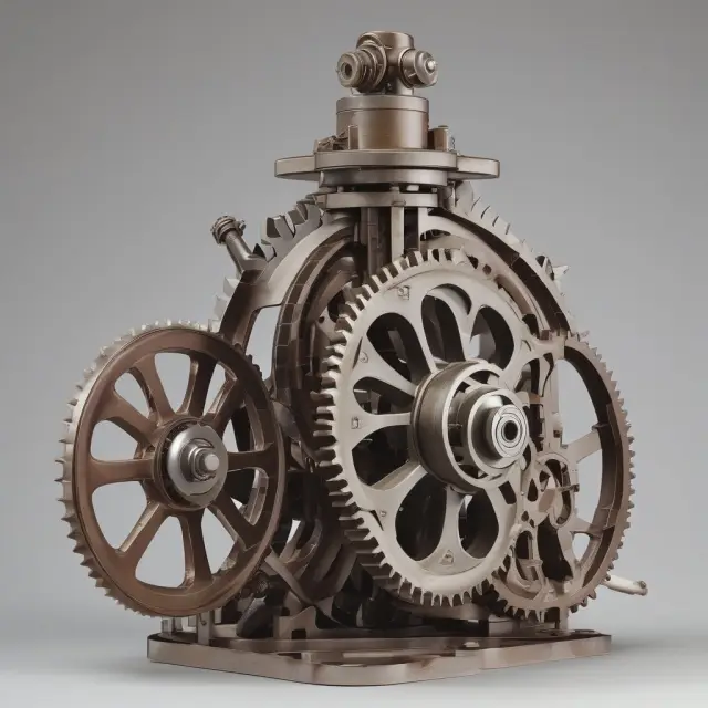An intricate gear train illustrating labor productivity, driven by turning 
