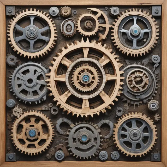 A meticulously crafted puzzle with three interlocking gears representing physical capital, technological progress, and human capital driving labor productivity growth