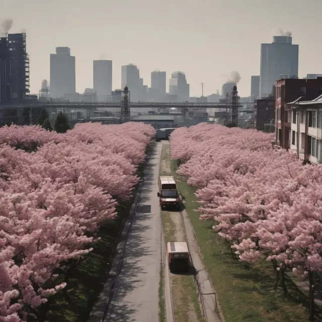 Cherry blossoms and factories illustrating Japan