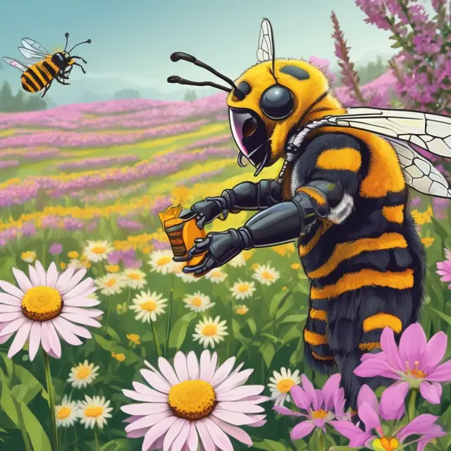 Working bee collects honey from blooming productivity flowers, representing the growth in output per hour.