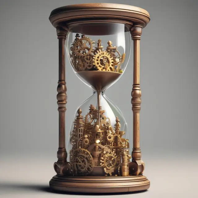 Image of an hourglass filled with intricate gears and people, symbolizing the relationship between time, labor, and productivity in economic growth