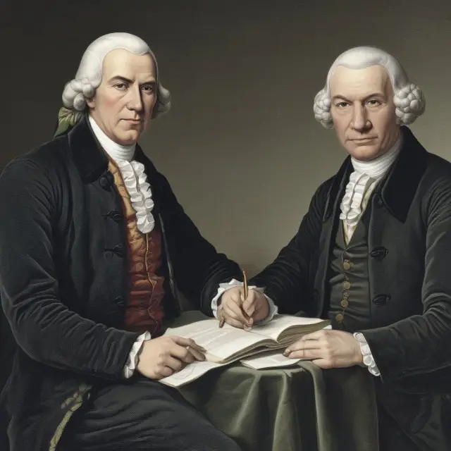 Two scholars, Adam Smith and David Ricardo, working together at a loom with intertwined strands symbolizing labor theory and economic thought.
