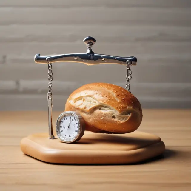 A diamond resting atop a scale, compared to a loaf of bread. The inconsistent prices in the labor theory of value are illustrated through this juxtaposition.