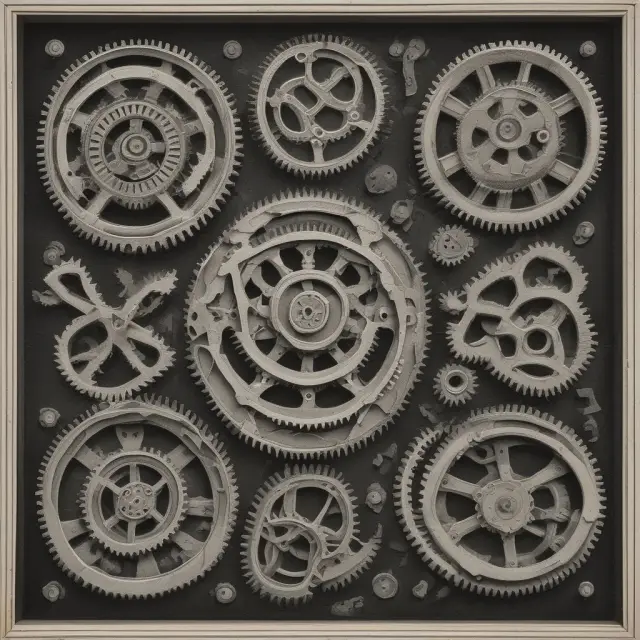 A complex web of gears representing market forces and labor hours depicting price discrepancies.