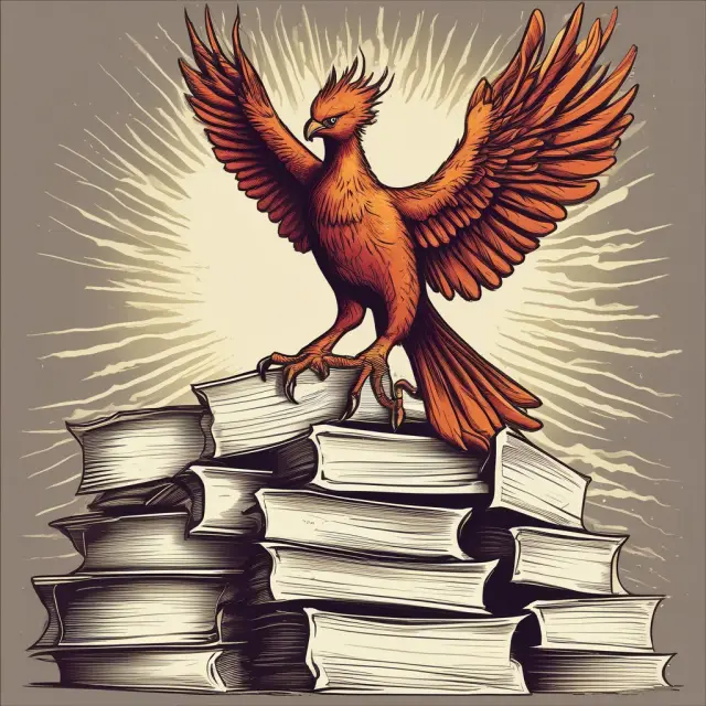 A fiery Phoenix rising from a pile of contracts, illustrating the negotiation prowess and advocacy of labor unions.