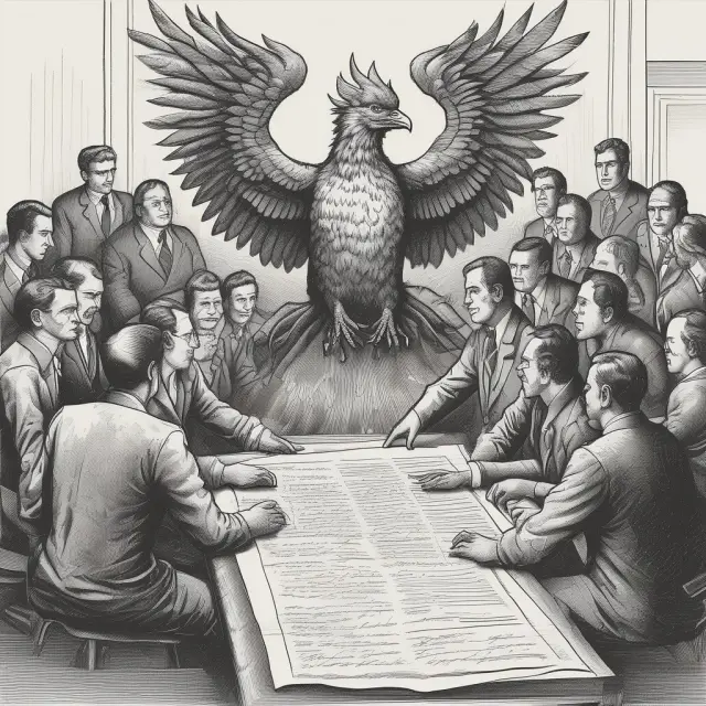 Phoenix symbolizes new beginnings. Image: A phoenix rising from a stack of signed petitions, workers seated around a table for collective bargaining.