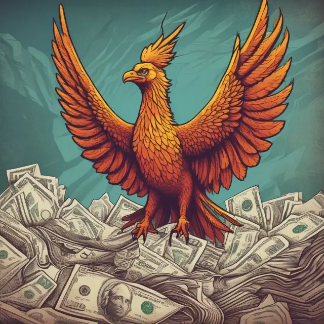 Phoenix rising from a pile of right-to-work bills, representing labor unions