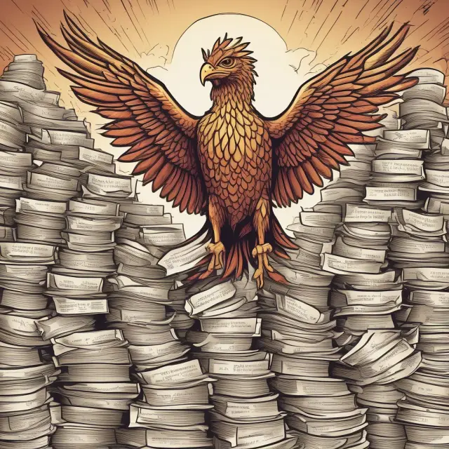 A mythical Phoenix rising amidst contracts and labor union symbols, representing the power and renewal of organized labor.