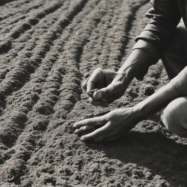Laborer planting seeds in the ground, representing labor-intensive industries